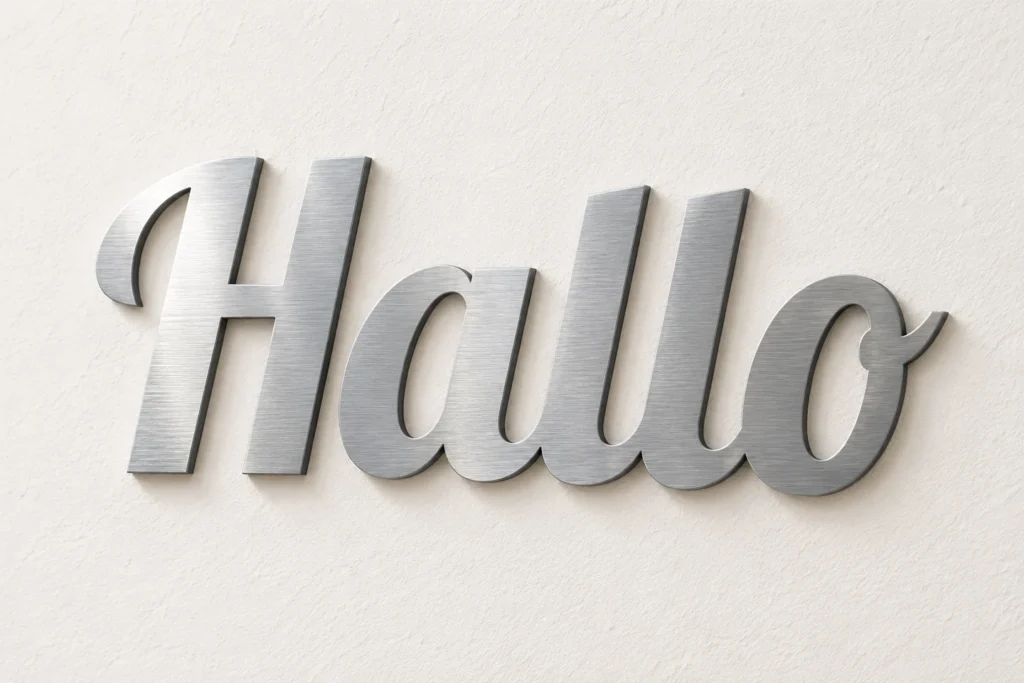 Materiaalvisualisatie van Hallo als dunne letters met geborstelde aluminiumafwerking