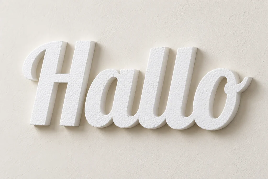 Materiaalvisualisatie van Hallo als witte dikke EPS-letters