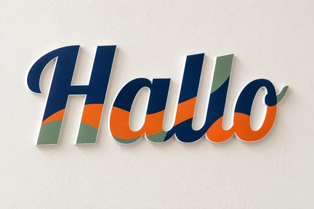 Materiaalvisualisatie van Hallo met een fullcolour print op wit Forex