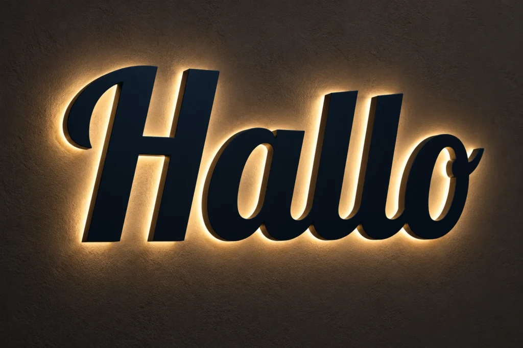 Hallo met warmwitte verlichting achter de letters op een donkere wand
