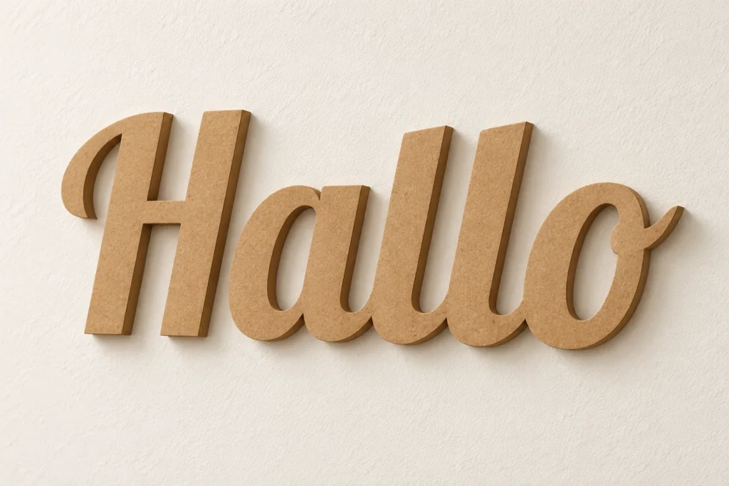 Materiaalvisualisatie van Hallo als blanco MDF-wandletters