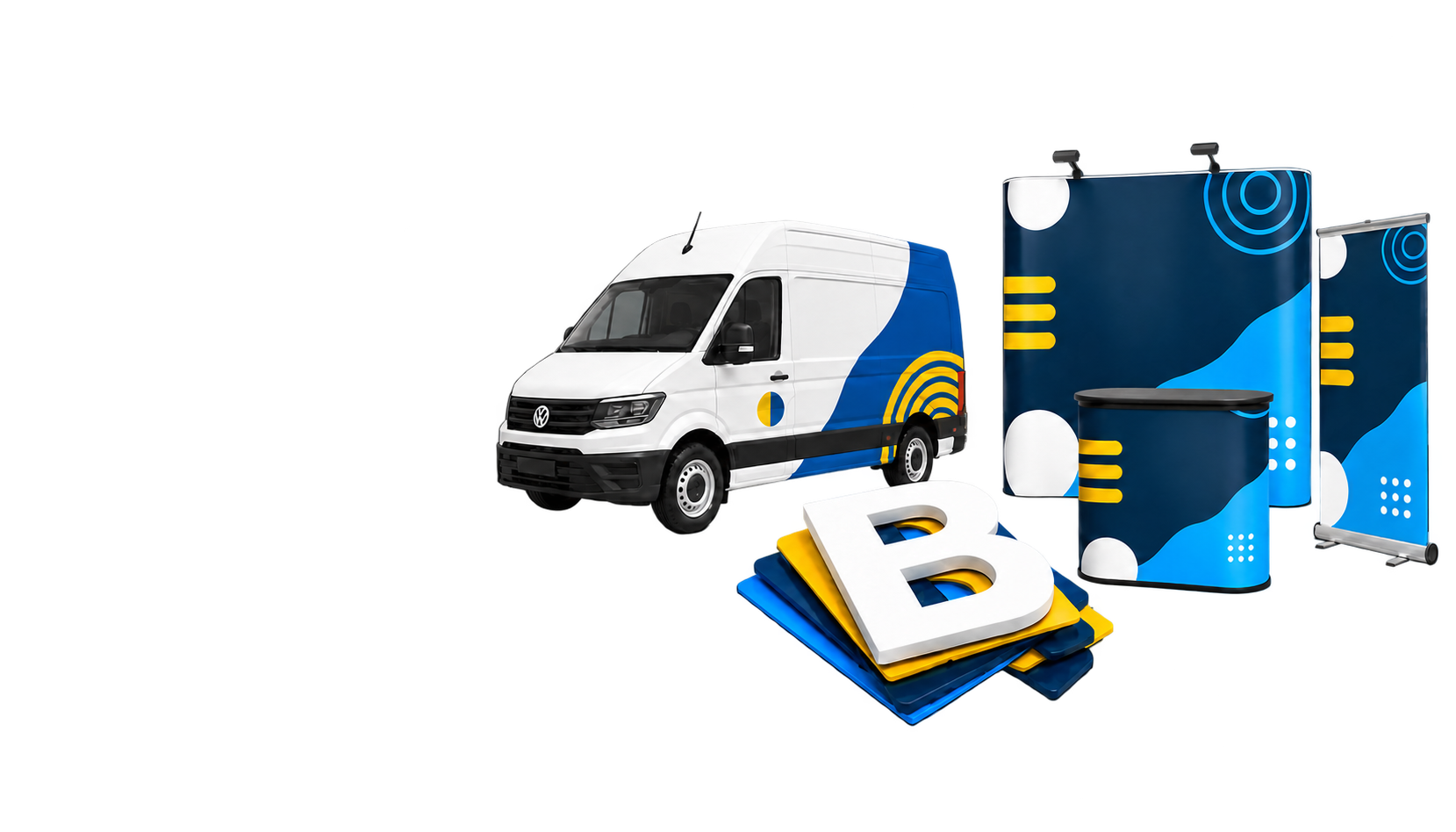 Voorbeelden van autobelettering, beursmateriaal en gevelletters